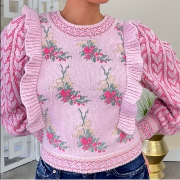 LoveShackFancy Warwick Ruffle Crewneck Sweater in Strawberry Floral Size Medium - Picture 1 of 11